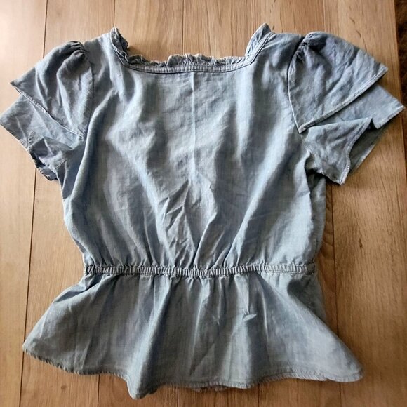 Madewell Womens Blue Short Sleeve Button-Down Peplum Top S Cotton Blend Denim Ru - Picture 2 of 15